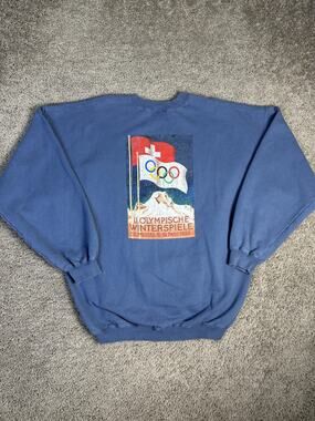 Vintage 2nd Winter Olympics Sweatshirt Mens XL Saint Morris 1928 Poster Blue